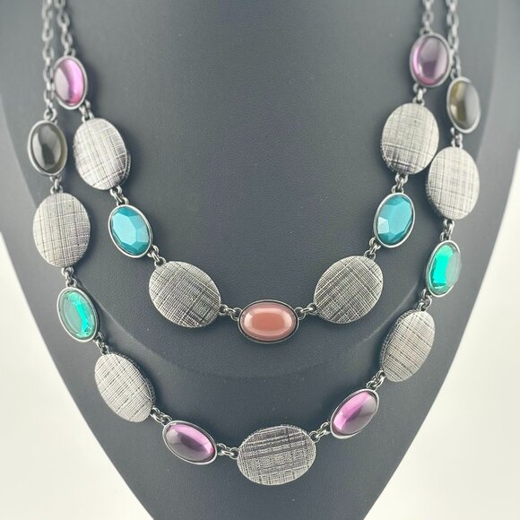 Vintage 1976 Liz Claiborne Two Strand Multi Coloured Acrylic Stones Necklace - Picture 2 of 3